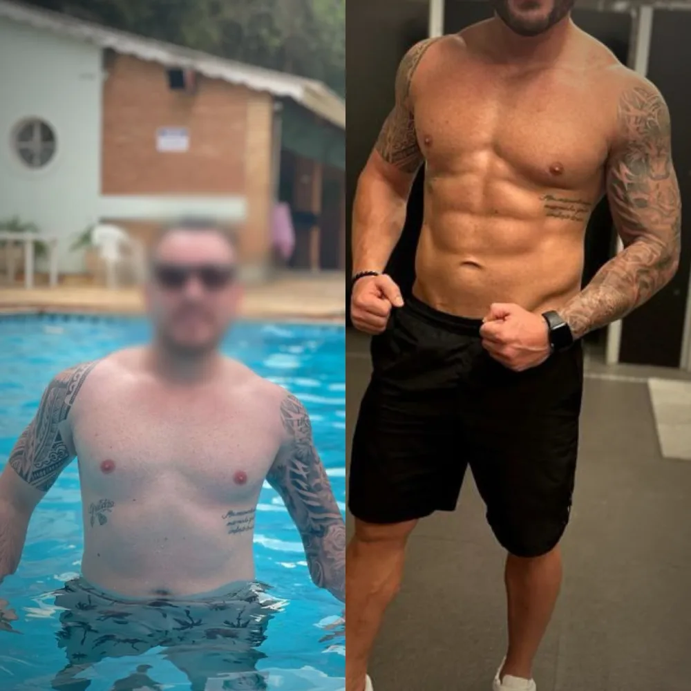 Antes e depois de recomposição corporal, paciente do nutricionista Lucas Peralles em Tatuapé